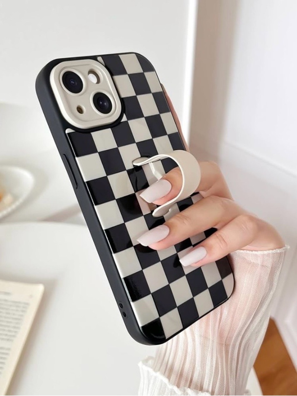 Black & White Checkered iPhone 14 Mackenzie Childs-style Case w/ Loop Ring Stand